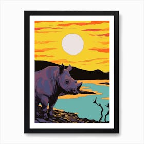 Linework Illustration With Rhino By The Sunset 1 Art Print