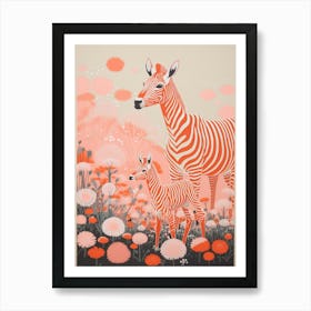 Zebra Mother & Calf Pink & Orange 2 Art Print