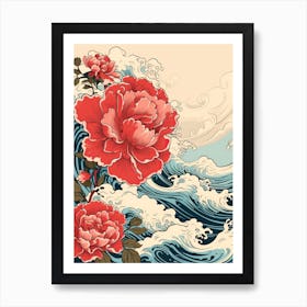 Great Wave With Peony Flower Drawing In The Style Of Ukiyo E 4 Art Print