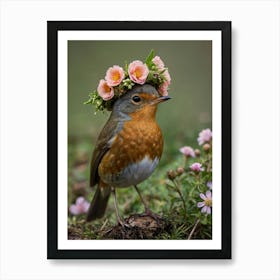 Robin With Flower Crown 3 Art Print