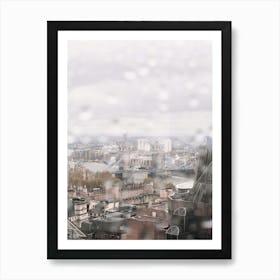 London, England I Grey Tower Bridge and the Thames in the rain from the rooftop of a City skyscraper on the panoramic view of London's skyline photography of glass and brick architecture under the raindrops Affiche