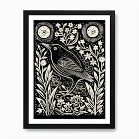 B&W Bird Linocut Blackbird 1 Art Print