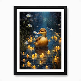Duckling At Night With Fireflies 2 Art Print