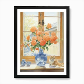 Cat With Camelia Flowers Watercolor Mothers Day Valentines 2 Art Print
