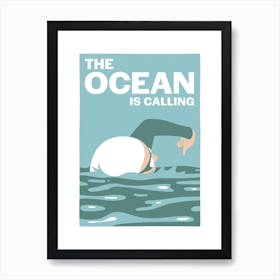 The ocean is calling – retro vintage swimming poster in bathroom greens Art Print