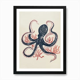 Simple Linocut Navy Octopus With Coral Art Print