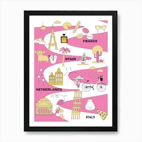 Roadmap Trip Europe Italy Spain France Netherlands Vine Cheese Map Landscape Travel World Journey Art Print