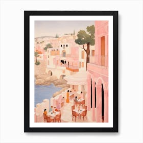 Mykonos Greece 3 Vintage Pink Travel Illustration Art Print