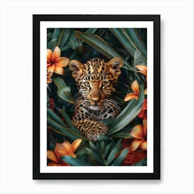 A Happy Front faced Leopard Cub In Tropical Flowers 1 Art Print