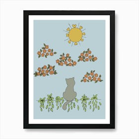 Cat Watching The Sun Flower Clouds Nature Art Print