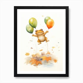 Frog Flying With Autumn Fall Pumpkins And Balloons Watercolour Nursery 4 Art Print