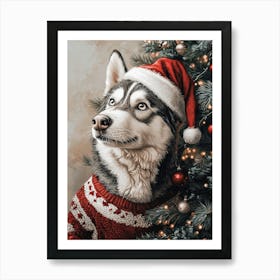 Husky Dog In Christmas Jumper And Santa Hat Art Print