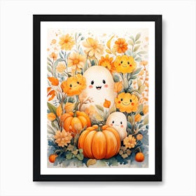 Cute Bedsheet Ghost, Botanical Halloween Watercolour 6 Art Print