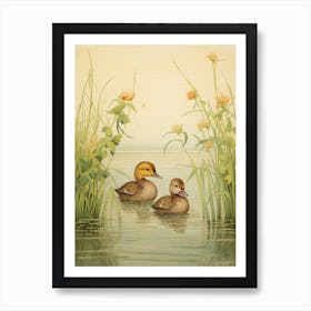 Pair Of Ducklings In The Water Japanese Woodblock Style 1 Art Print