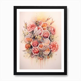 Beehive With Carnations Watercolour Illustration 1 Art Print