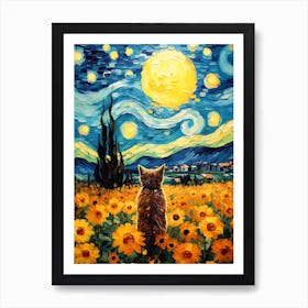 Cat and Starry Night Art Print
