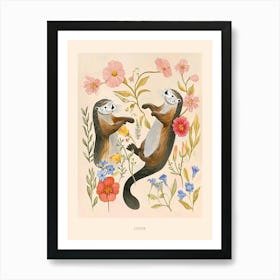 Folksy Floral Animal Drawing Otter 2 Poster Art Print