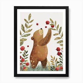 Brown Bear Standing And Reaching For Berries Storybook Illustration 1 Art Print