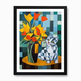 Daffodils With A Cat 2 Cubism Picasso Style Art Print