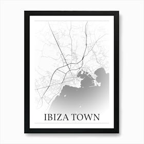 Ibiza Town, Balearic Islands, Spain, City Map, Black And White Fade Design Affiche