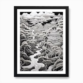 Nikko In Tochigi, Ukiyo E Black And White Line Art Drawing 3 Art Print