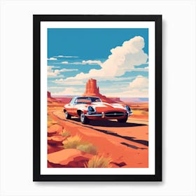 A Jaguar E Type Car In Route 66 Flat Illustration 2 Art Print