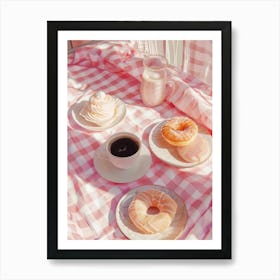 Pink Breakfast Food Yogurt, Coffee And Bread 3 Art Print