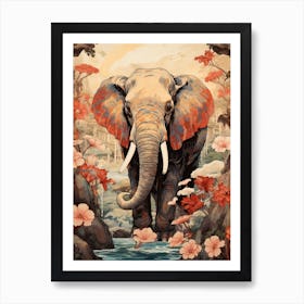 Elephant Animal Drawing In The Style Of Ukiyo E 1 Art Print