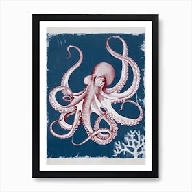 Red & Navy Octopus Linocut Inspired In The Ocean 5 Art Print