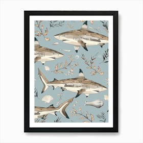 Pastel Blue Blacktip Reef Shark Watercolour Seascape Pattern 3 Art Print