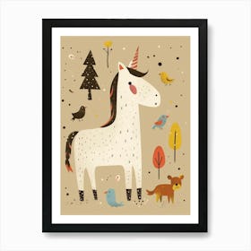 Unicorn In The Meadow With Abstract Woodland Animal Friends Muted Pastel 2 Art Print