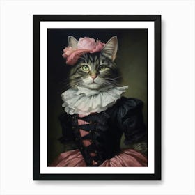 Black & Pink Cat Rococo Style 2 Art Print
