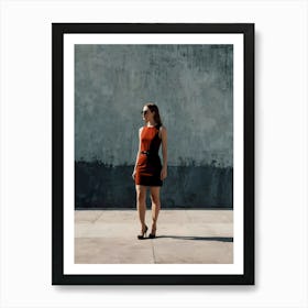 Woman In Red Dress Standing In Front Of Concrete Wall Art Print