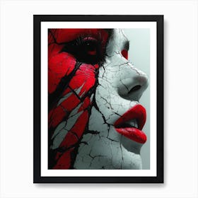 Cracked Realities: Red Ink Rendition Inspired by Chevrier and Gillen: Portrait Of A Woman Art Print