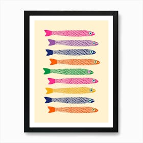 ANCHOVIES Retro Swimming Fish Horizontal in Rainbow Pink Purple Blue Orange Green Yellow on Cream Art Print