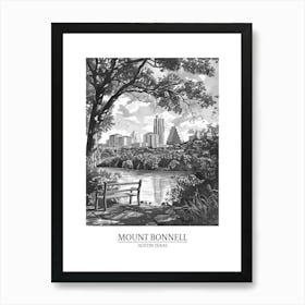 Mount Bonnell Austin Texas Black And White Drawing 3 Poster Art Print