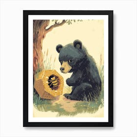 American Black Bear Cub Playing With A Beehive Storybook Illustration 3 Art Print
