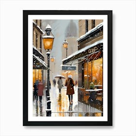 Paris cafes, winter season, Christmas, autumn oil colors, pale colors, pedestrians in the street, winter clothes, falling snow.8 1 Art Print