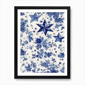 Vintage Flowers And Stars Delft Tile Illustration 3 Art Print