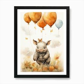 Rhino Flying With Autumn Fall Pumpkins And Balloons Watercolour Nursery 3 Art Print