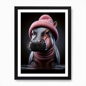 Baby Hippo in pink beanie hat 5 Art Print