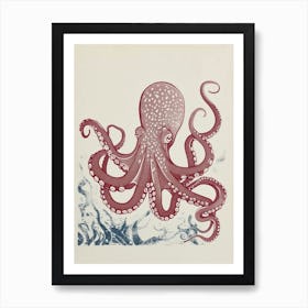 Hand Printed Style Red & Navy Octopus 3 Art Print