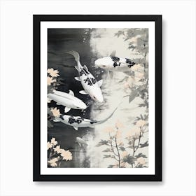Black And White Koi Fish Watercolour With Botanicals 3 Art Print