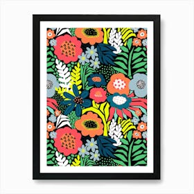 Paper Cut And Doodle Floral Collage Neon Rainbow On Black Art Print