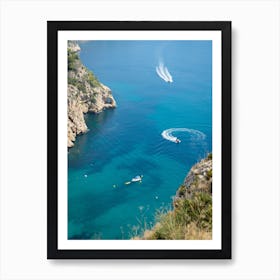 Cliffs and boats in a Mediterranean bay Art Print