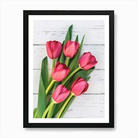 Red Tulips On A Wooden Background Art Print