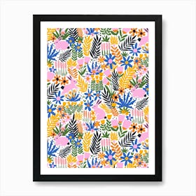 Rabbits Playing in Flower Garden Meadow Deep Colors Art Print