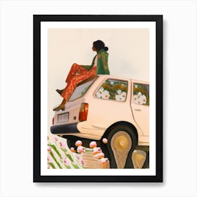 Girl Sitting On Car Roof With Flowers Art Print