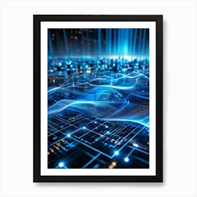 Abstract Cyber Security Theme With Geometric Dots And Lines Forming A Network Like Grid Blue And N (5) Art Print