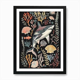 Shark In The Ocean Seascape Black Background Illustration 1 Art Print